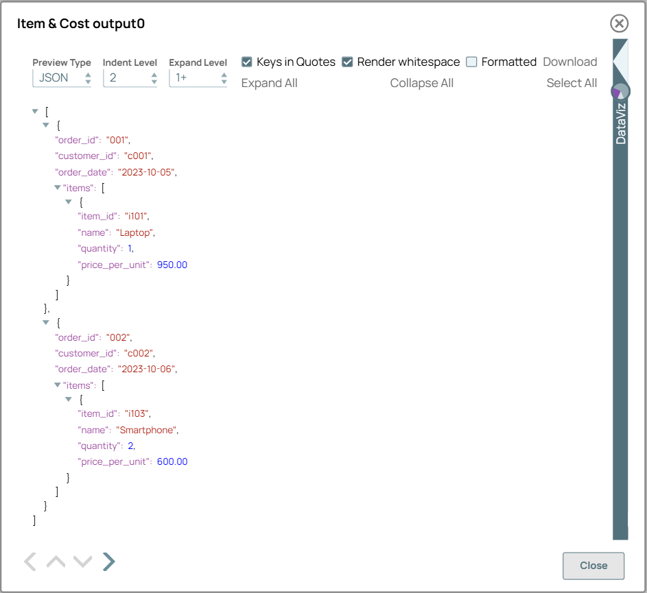 Items and Cost output