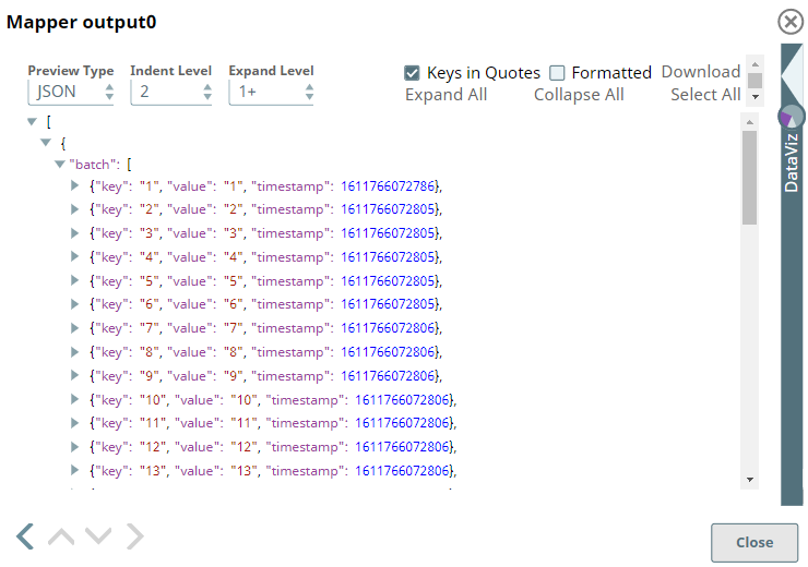 Mapper Snap output showing selected batch fields