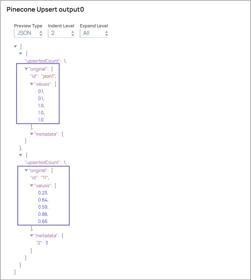 Pinecone Query Snap output