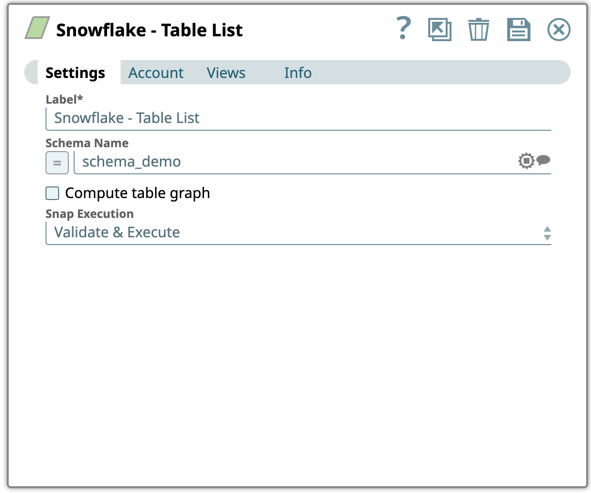 Snowflake Table List Settings
