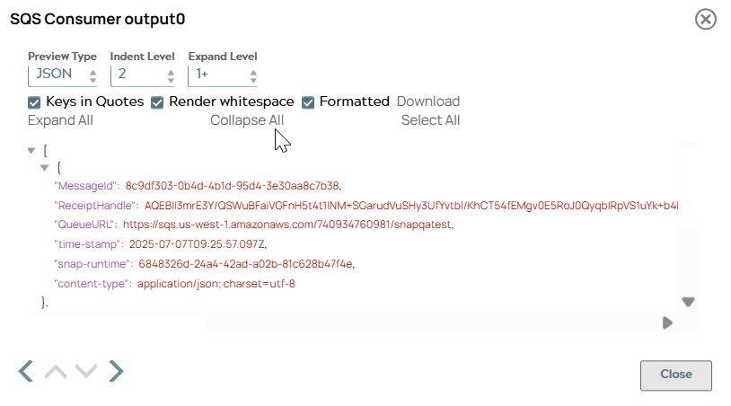 SQS Consumer Snap output