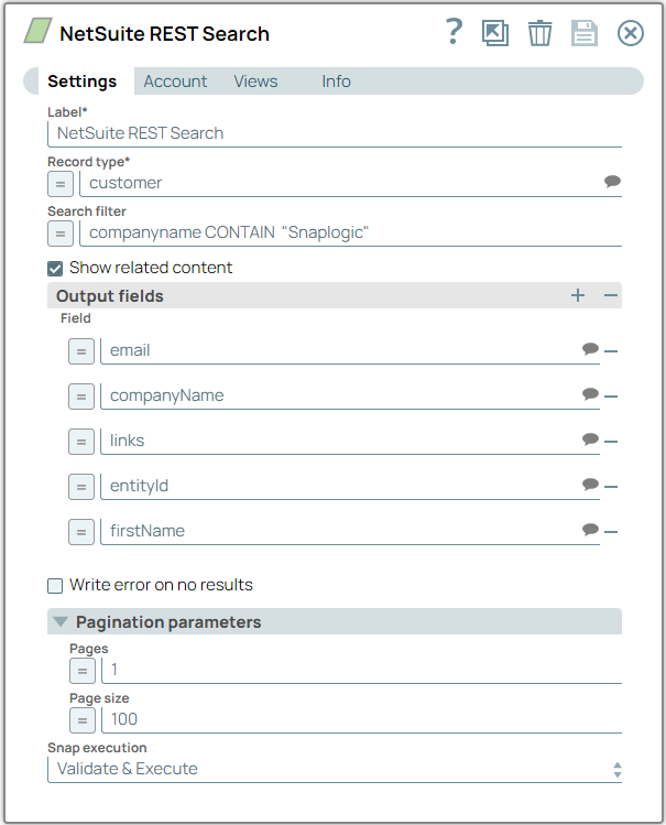 NetSuite REST Search Snap configuration
