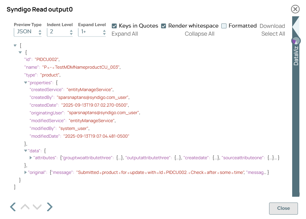 Syndigo Upsert Snap output