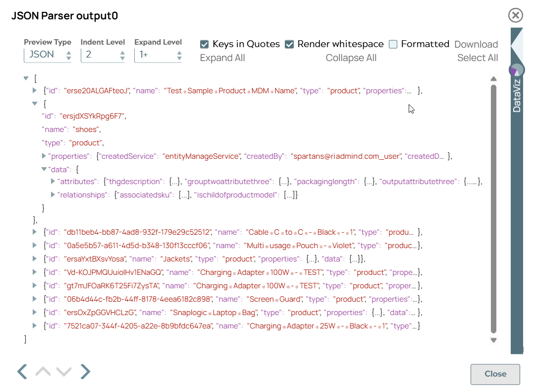 JSON Parser Snap output