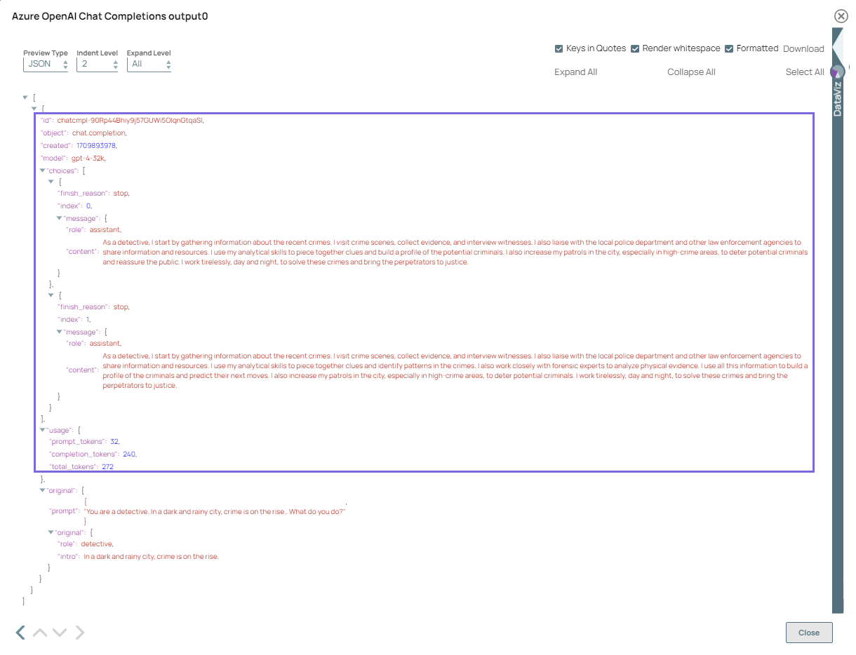 Azure OpenAI Chat Completions Snap output