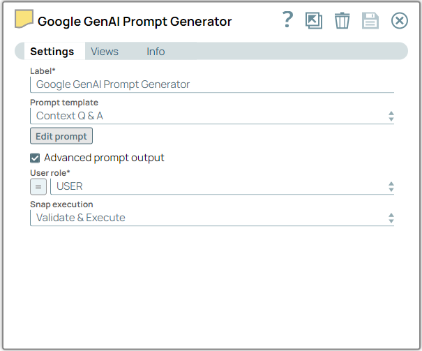 Google GenAI Prompt Generator Snap configurations