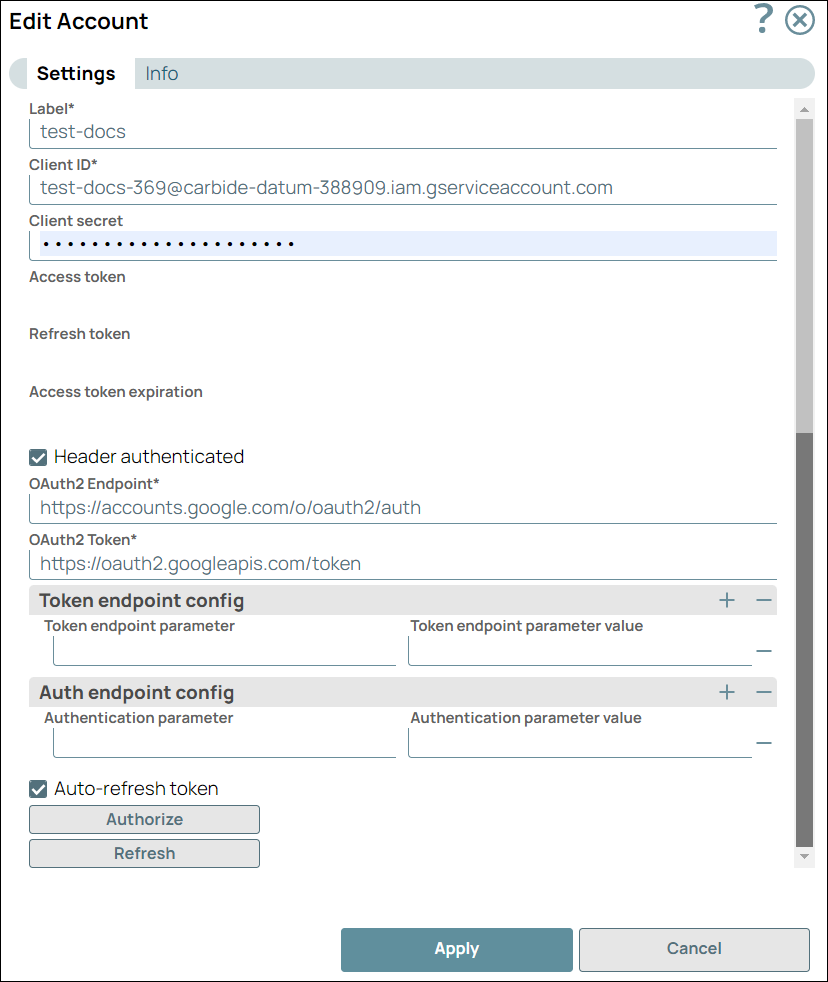 Create Google Drive oAuth2 Account dialog