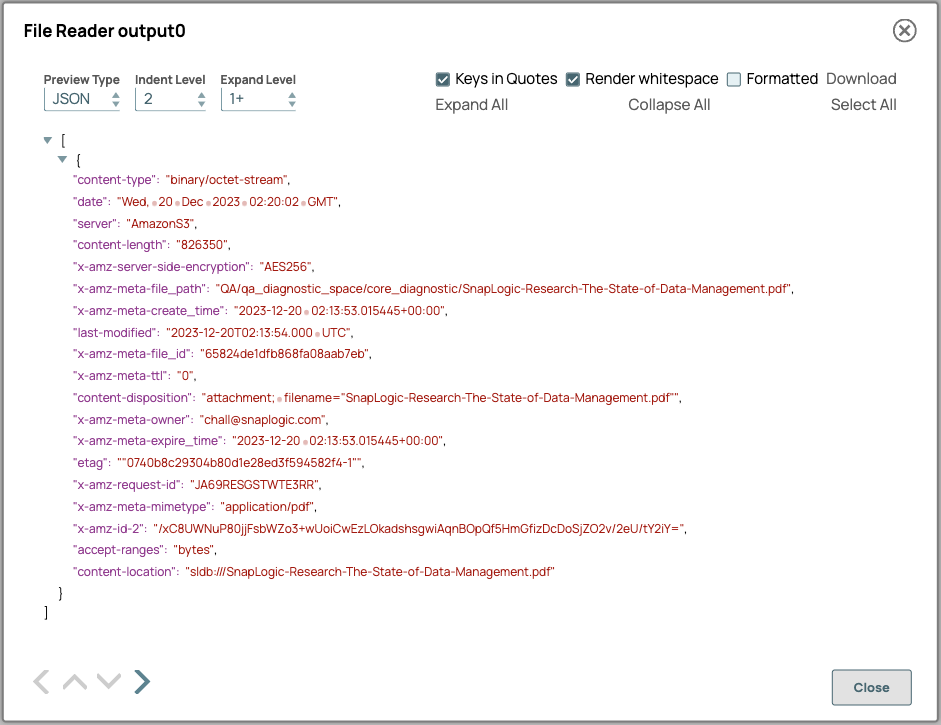 File Reader Snap output