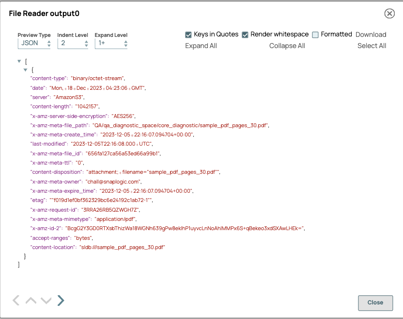 File Reader Snap output