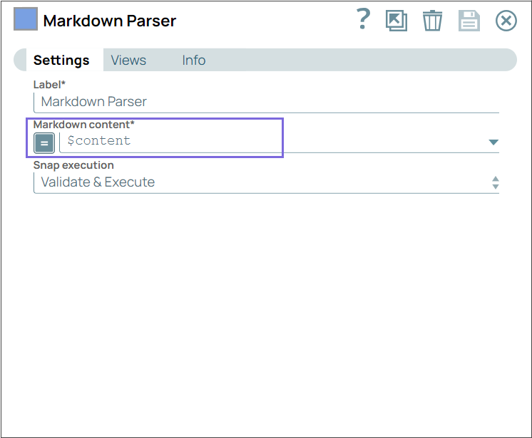 Markdown Parser Snap configuration