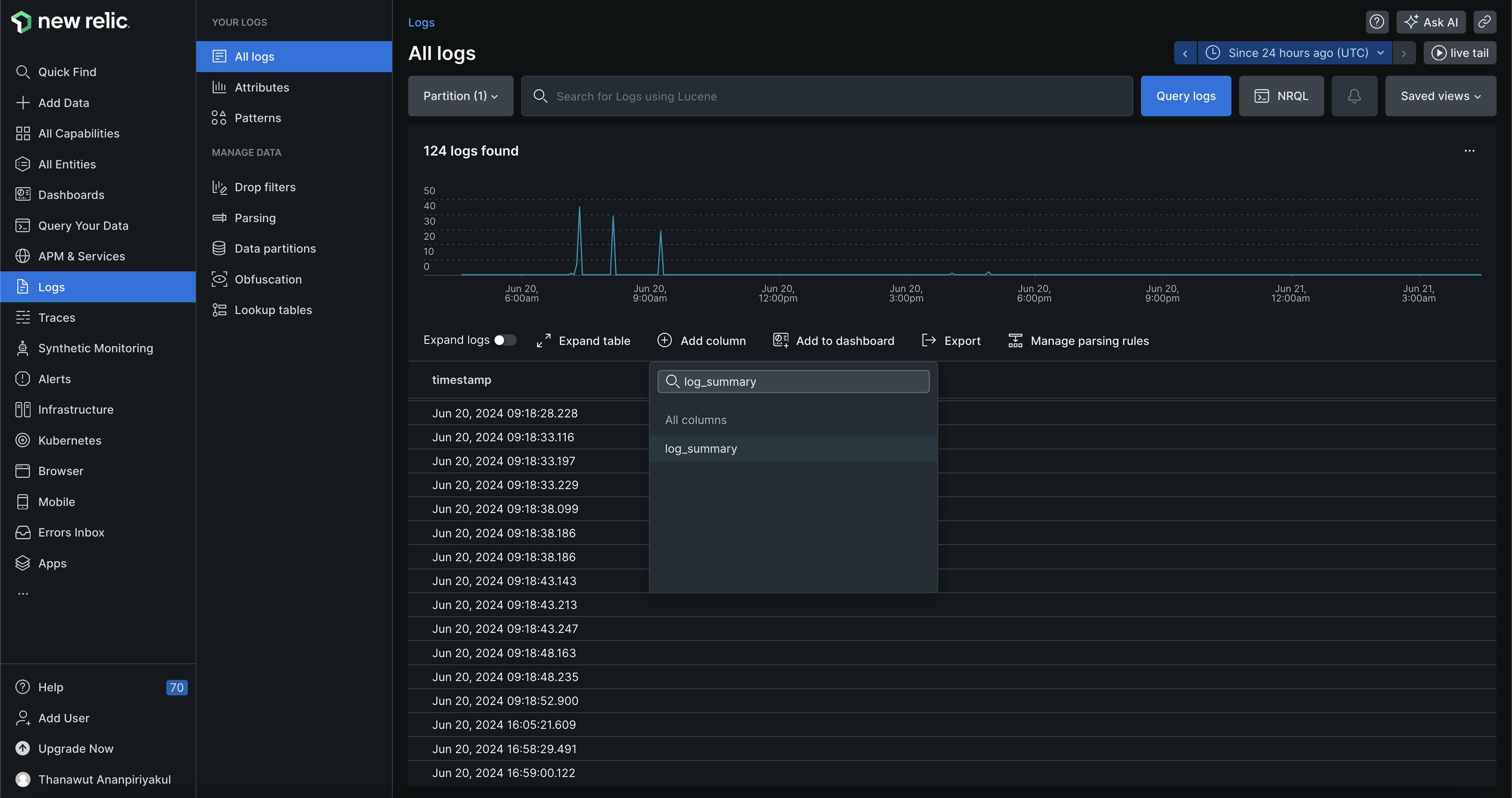 New Relic log summary